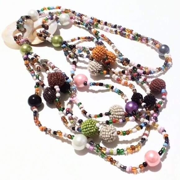 Boho Inspired Multi Color Seed Bead and Mother of Pearl Multi Strand Necklace - Picture 6 of 6